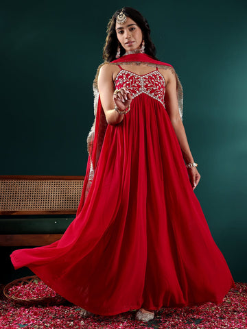 Varanga Women Fuchsia Embroidered Anarkali Strap Kurta Paired With Tonal Dupatta